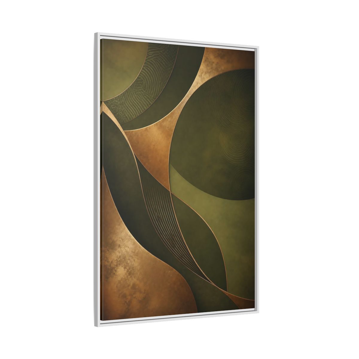 Side Mockup 7. Abstract Abstract Curves Green And Gold shown as stretched canvas wall art
