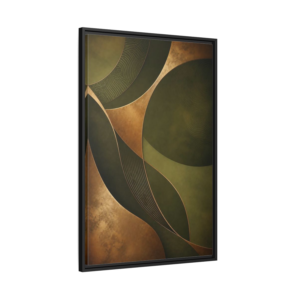 Side Mockup 13. Abstract Abstract Curves Green And Gold shown as stretched canvas wall art