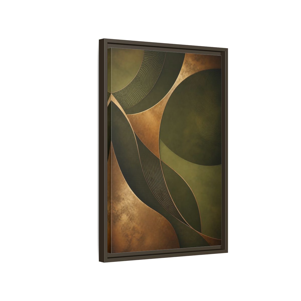 Side Mockup 2. Abstract Abstract Curves Green And Gold shown as stretched canvas wall art