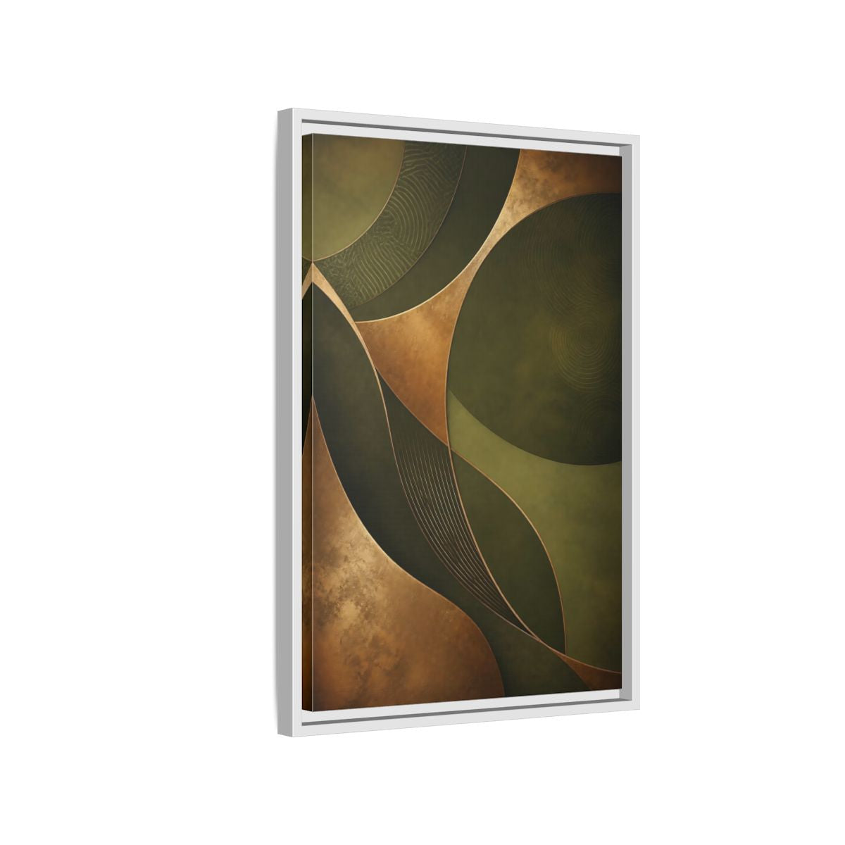Side Mockup 1. Abstract Abstract Curves Green And Gold shown as stretched canvas wall art