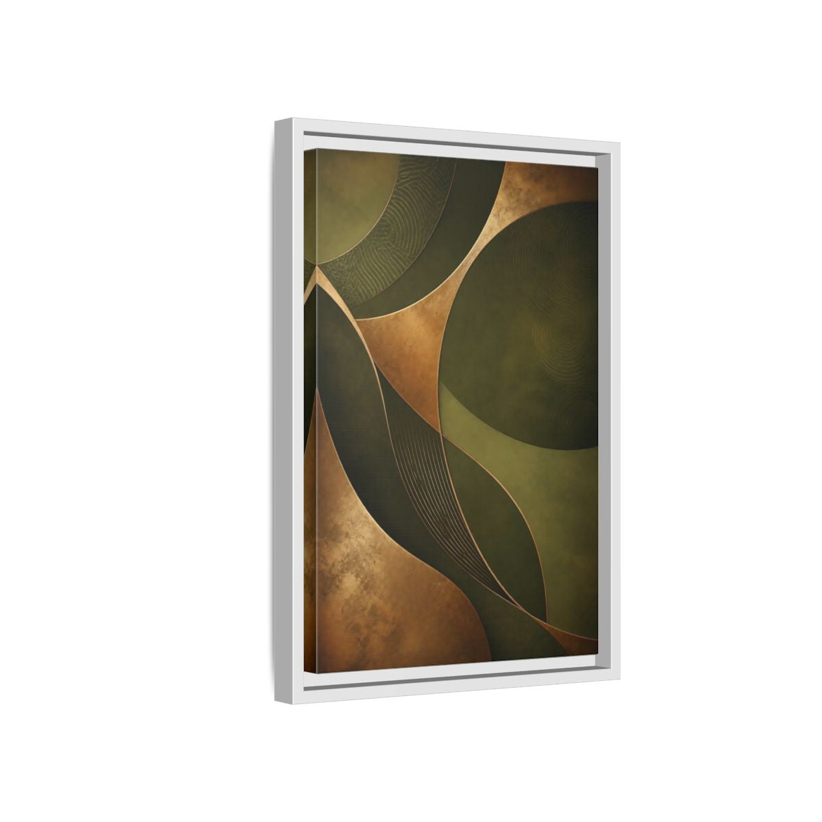 Side Mockup 4. Abstract Abstract Curves Green And Gold shown as stretched canvas wall art