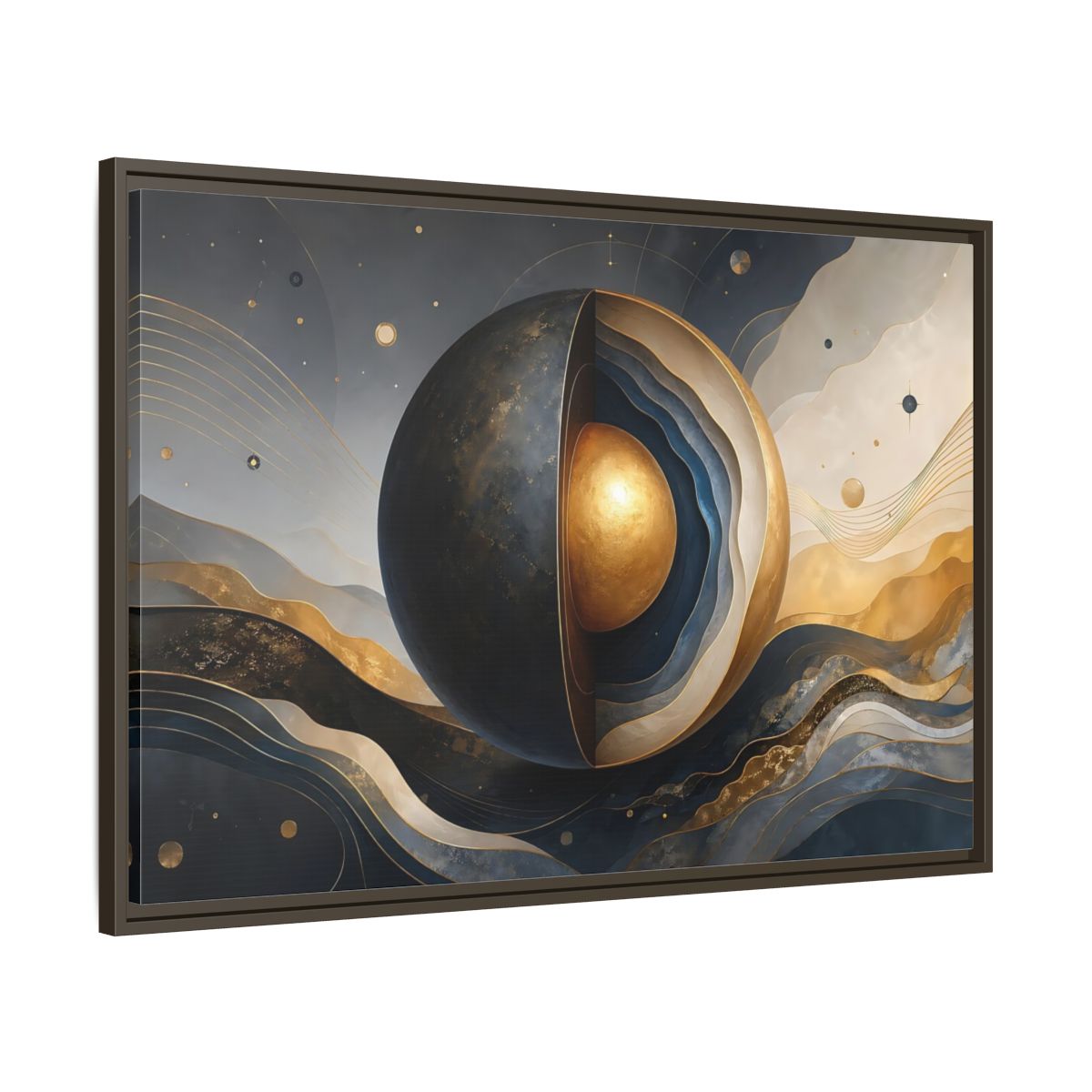 Main Mockup. Abstract Cut Sphere Dark Blue Gold shown as stretched canvas wall art