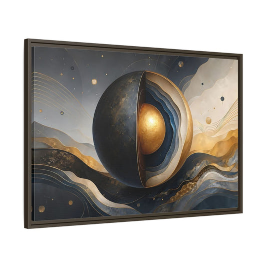 Main Mockup. Abstract Cut Sphere Dark Blue Gold shown as stretched canvas wall art