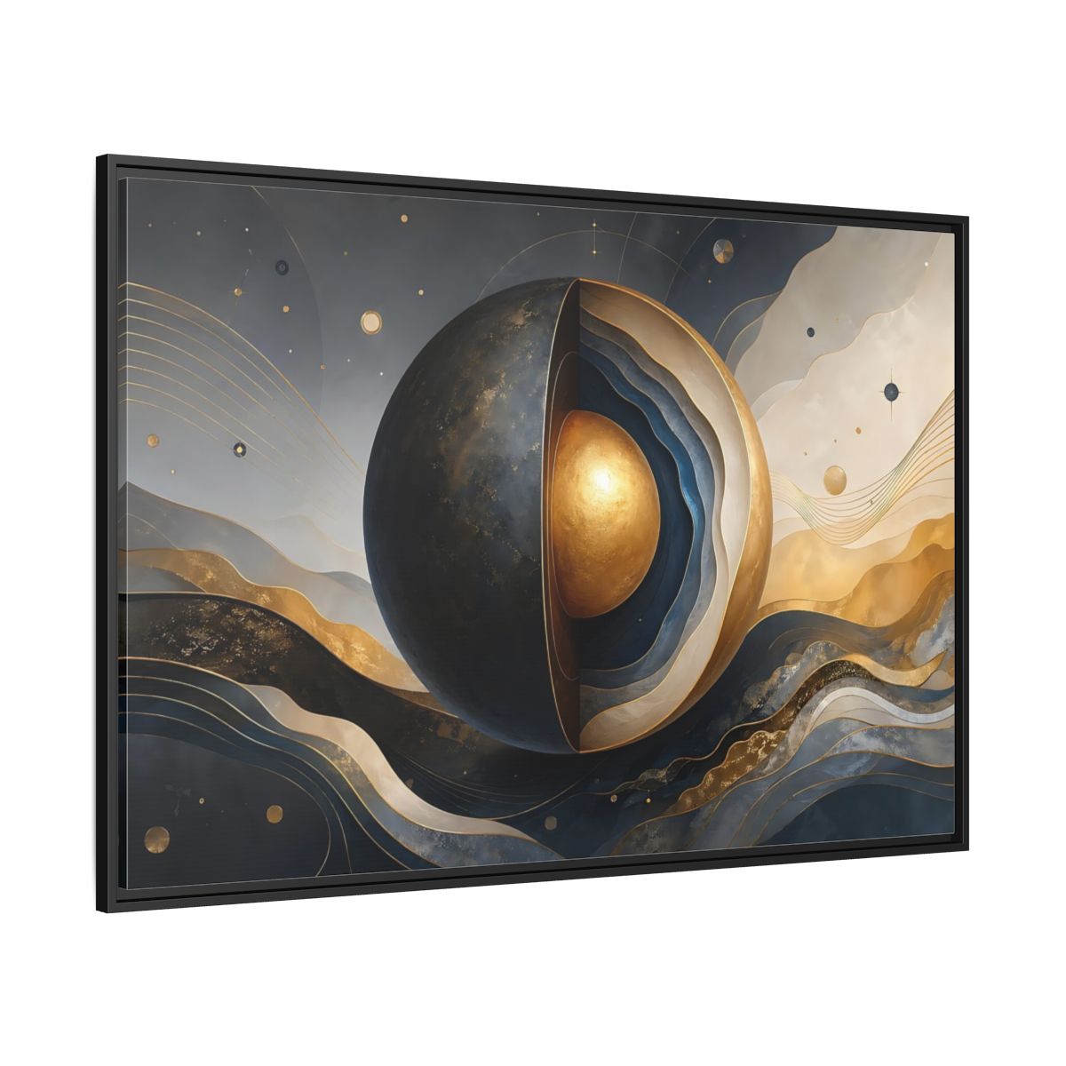 Side Mockup 12. Abstract Cut Sphere Dark Blue Gold shown as stretched canvas wall art