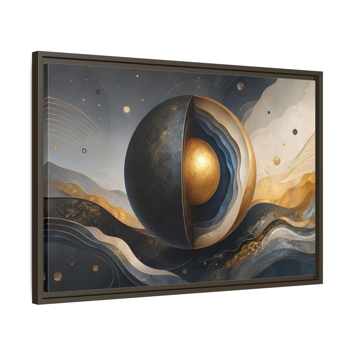 Side Mockup 11. Abstract Cut Sphere Dark Blue Gold shown as stretched canvas wall art