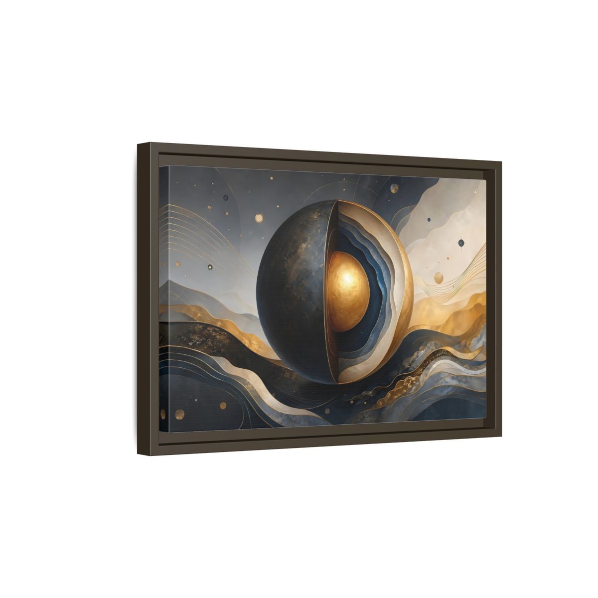 Side Mockup 5. Abstract Cut Sphere Dark Blue Gold shown as stretched canvas wall art