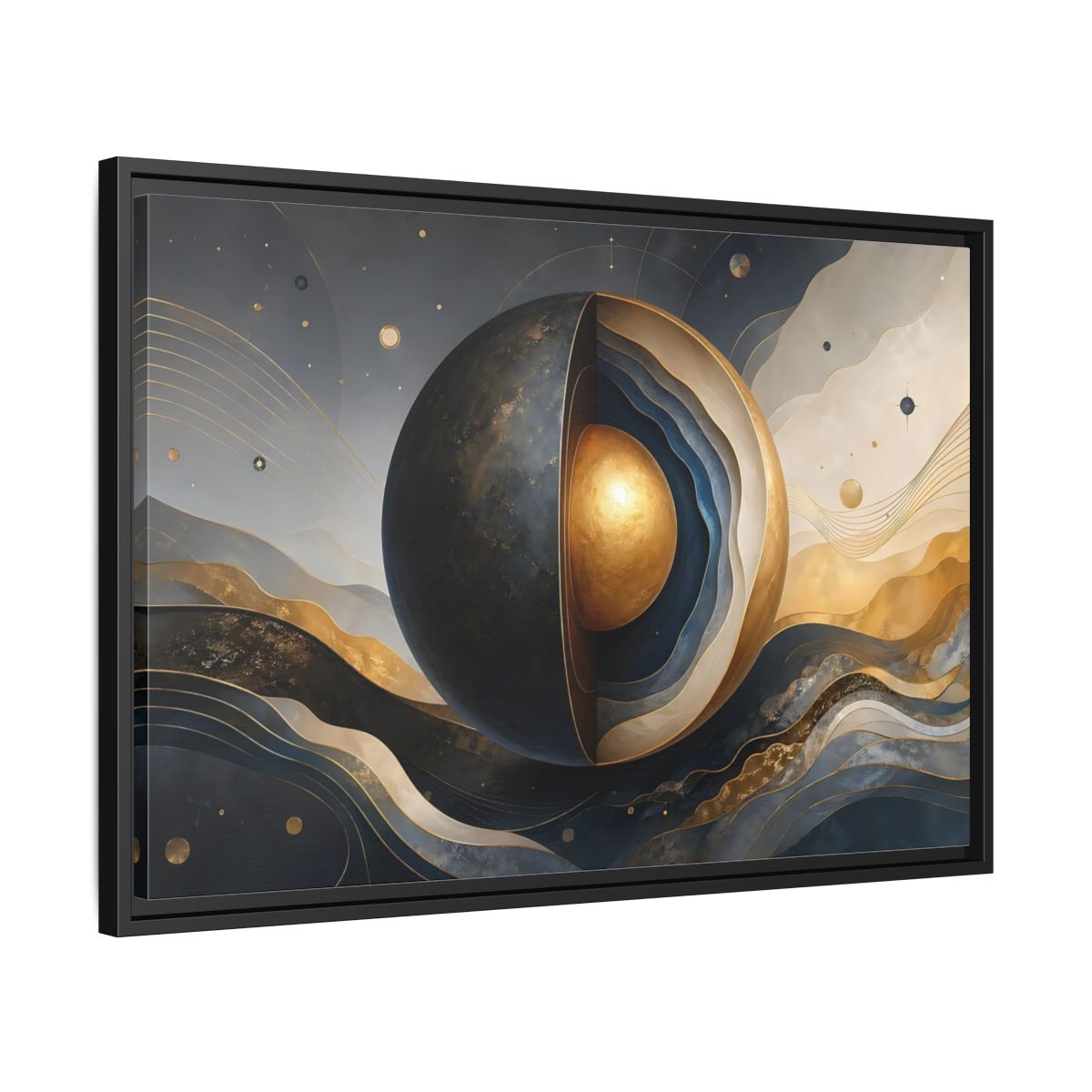 Side Mockup 14. Abstract Cut Sphere Dark Blue Gold shown as stretched canvas wall art