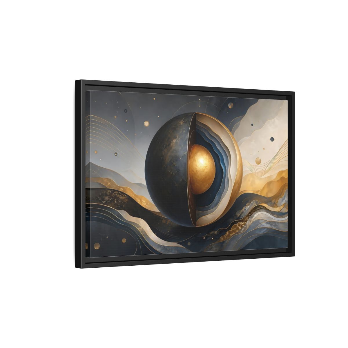 Side Mockup 3. Abstract Cut Sphere Dark Blue Gold shown as stretched canvas wall art