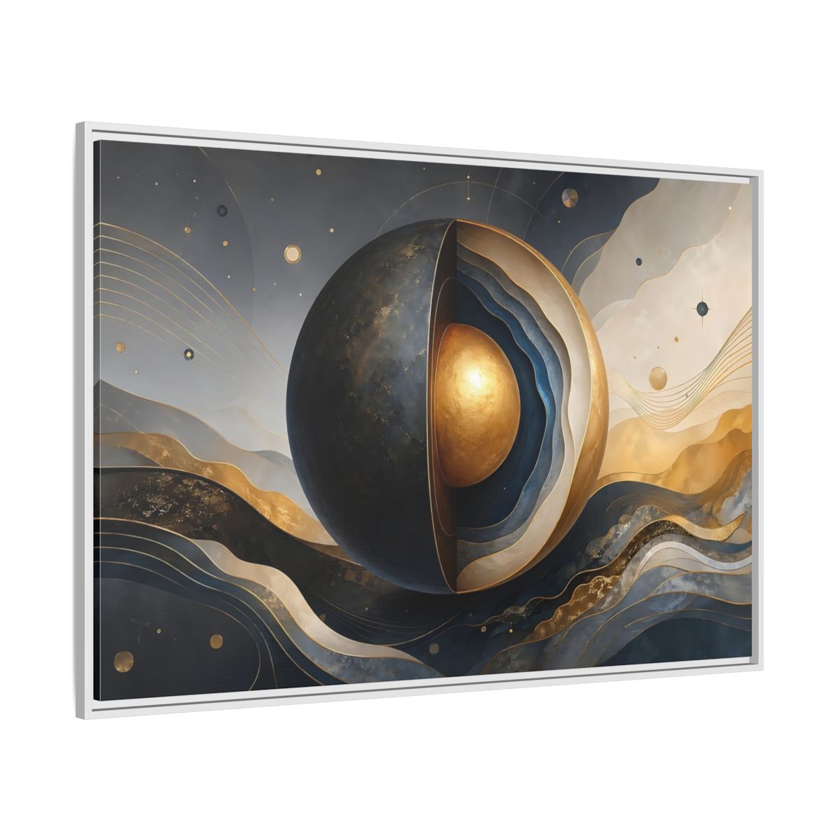 Side Mockup 7. Abstract Cut Sphere Dark Blue Gold shown as stretched canvas wall art
