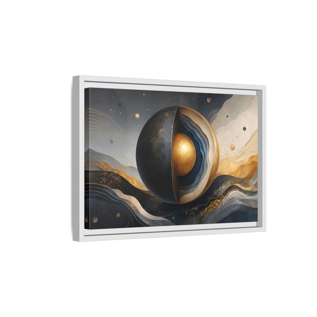 Side Mockup 4. Abstract Cut Sphere Dark Blue Gold shown as stretched canvas wall art