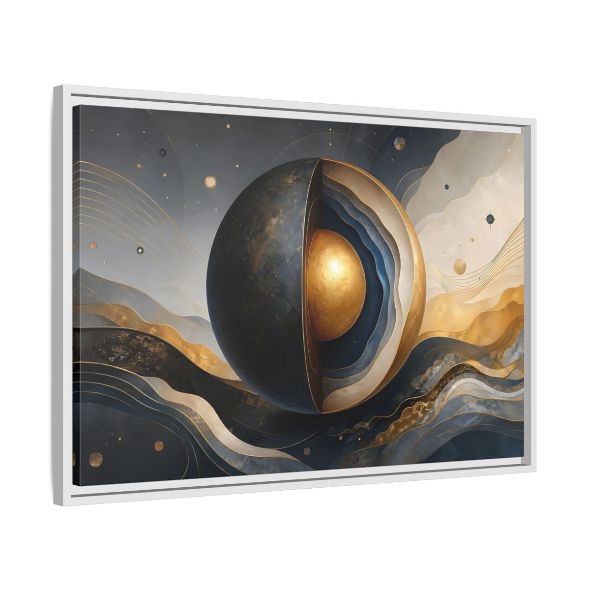 Side Mockup 10. Abstract Cut Sphere Dark Blue Gold shown as stretched canvas wall art