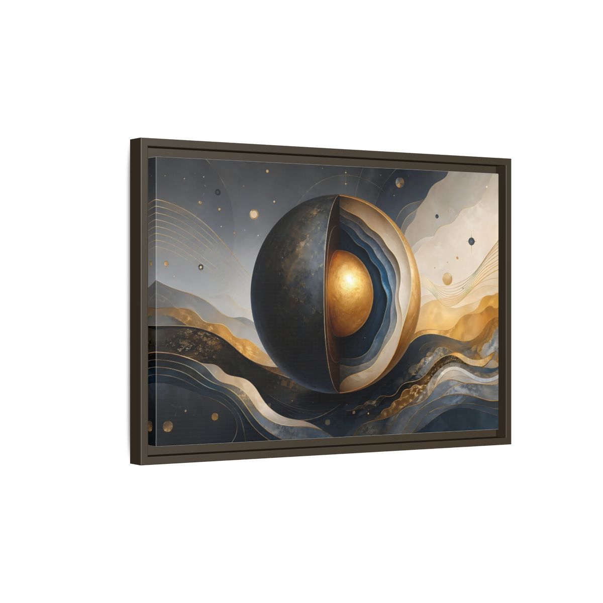 Side Mockup 2. Abstract Cut Sphere Dark Blue Gold shown as stretched canvas wall art