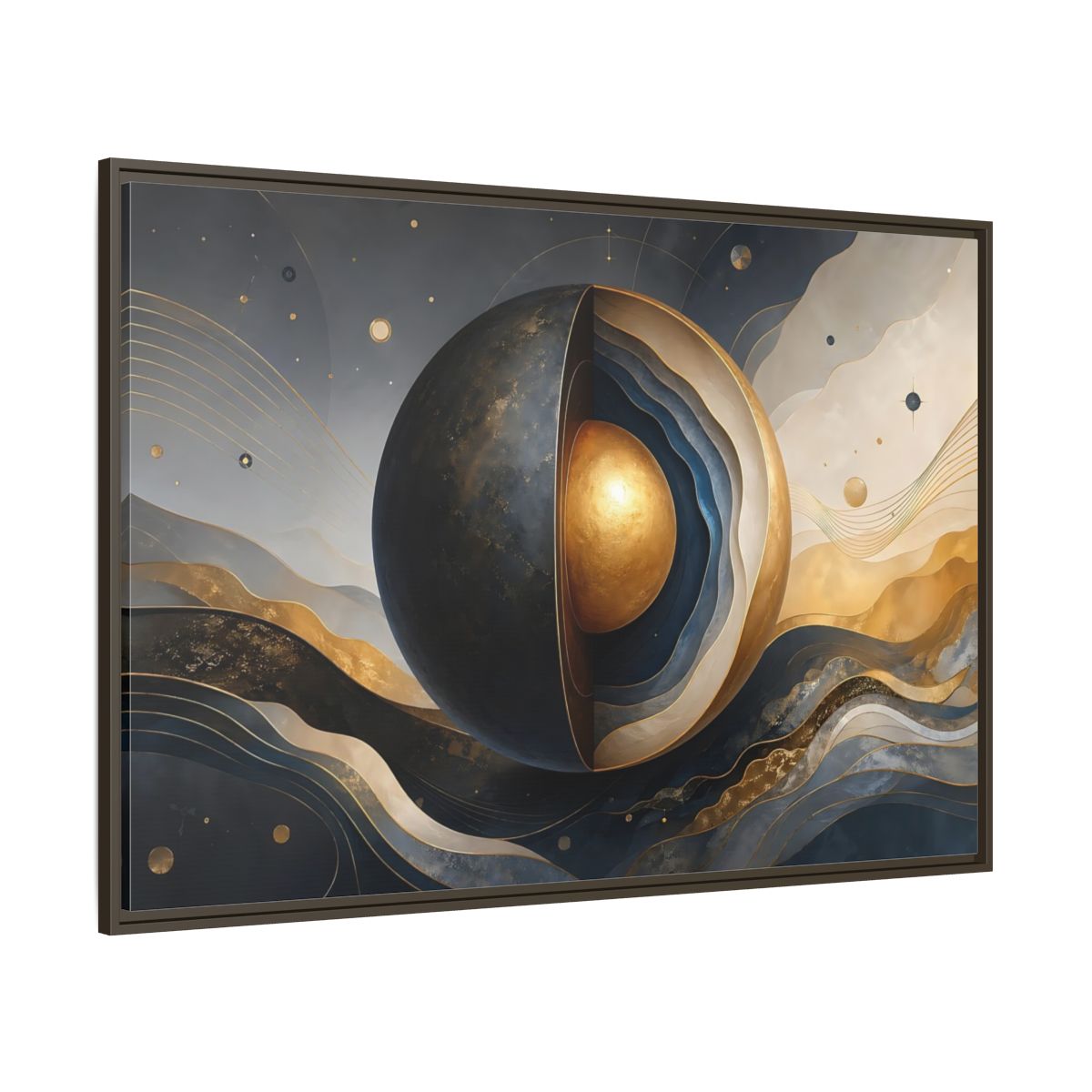 Side Mockup 8. Abstract Cut Sphere Dark Blue Gold shown as stretched canvas wall art