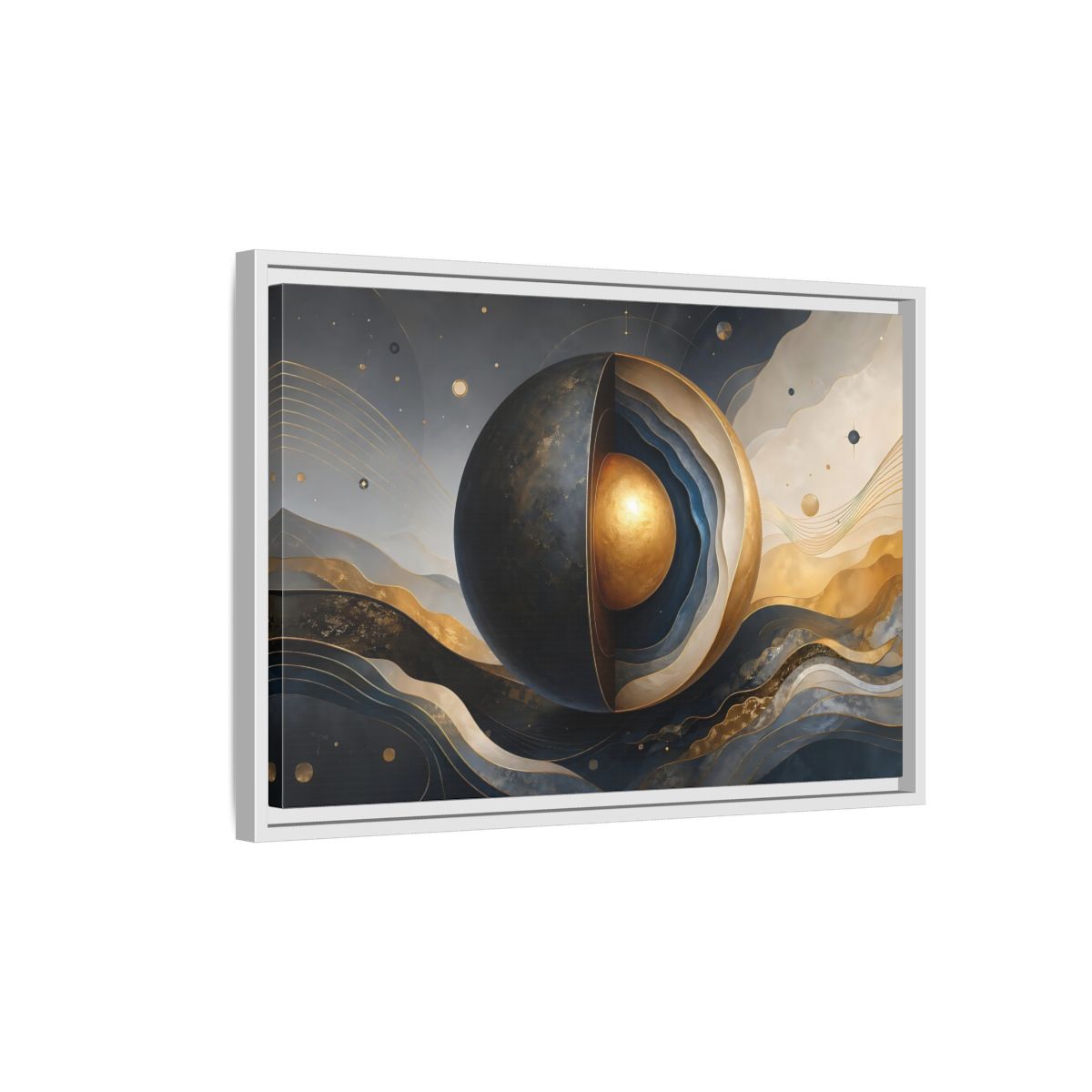 Side Mockup 1. Abstract Cut Sphere Dark Blue Gold shown as stretched canvas wall art