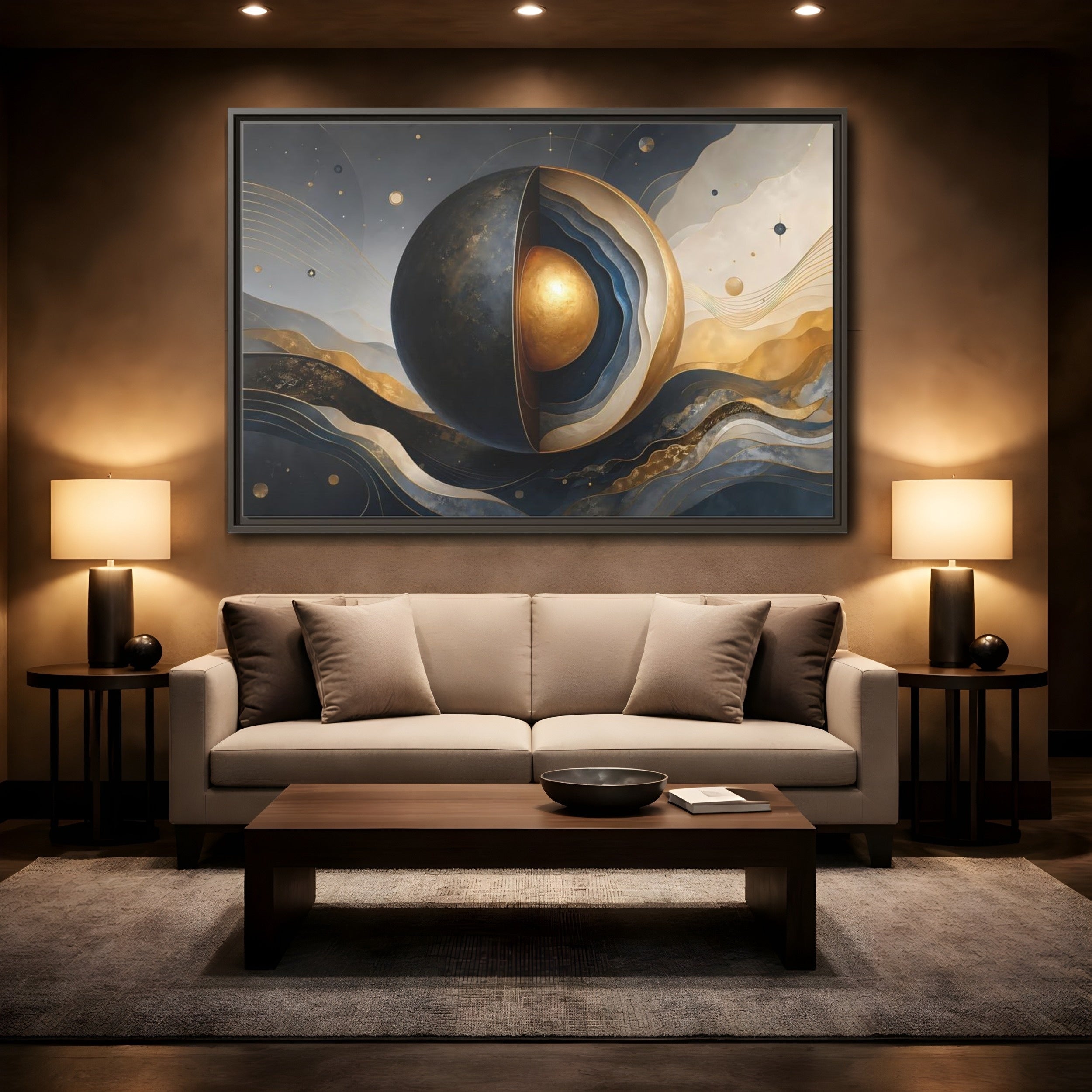 Mockup 2. Abstract Cut Sphere Dark Blue Gold shown as stretched canvas wall art