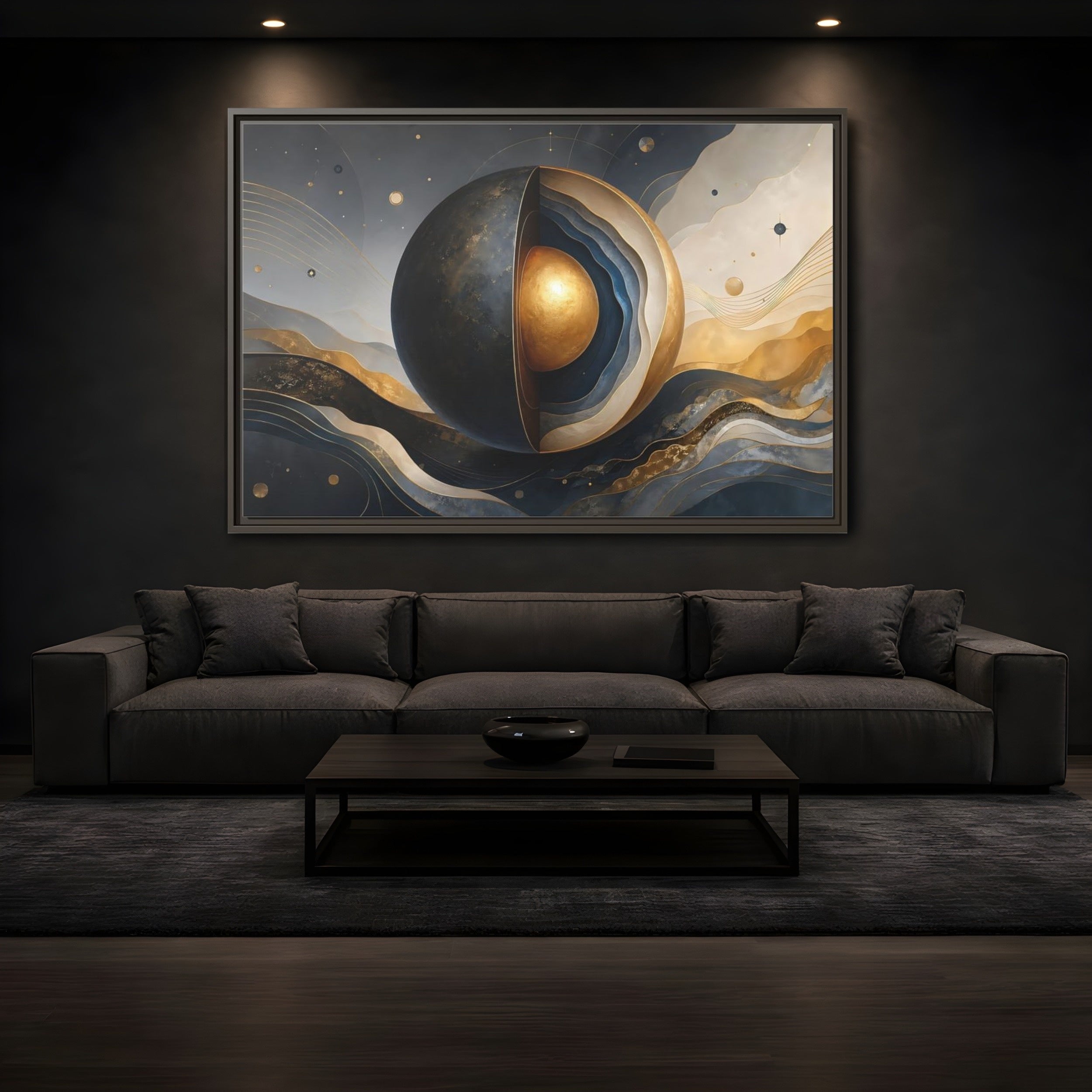 Mockup 3. Abstract Cut Sphere Dark Blue Gold shown as stretched canvas wall art