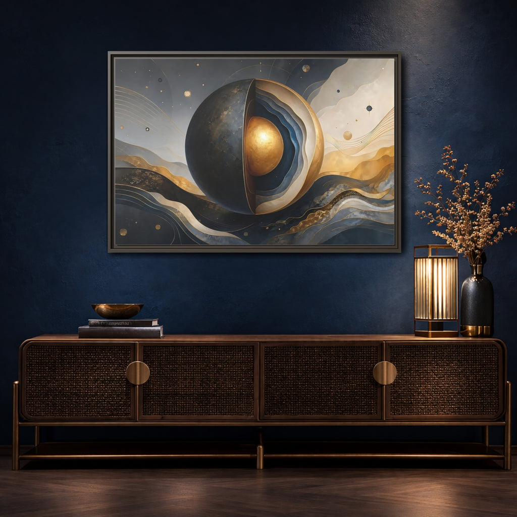 Mockup 4. Abstract Cut Sphere Dark Blue Gold shown as stretched canvas wall art