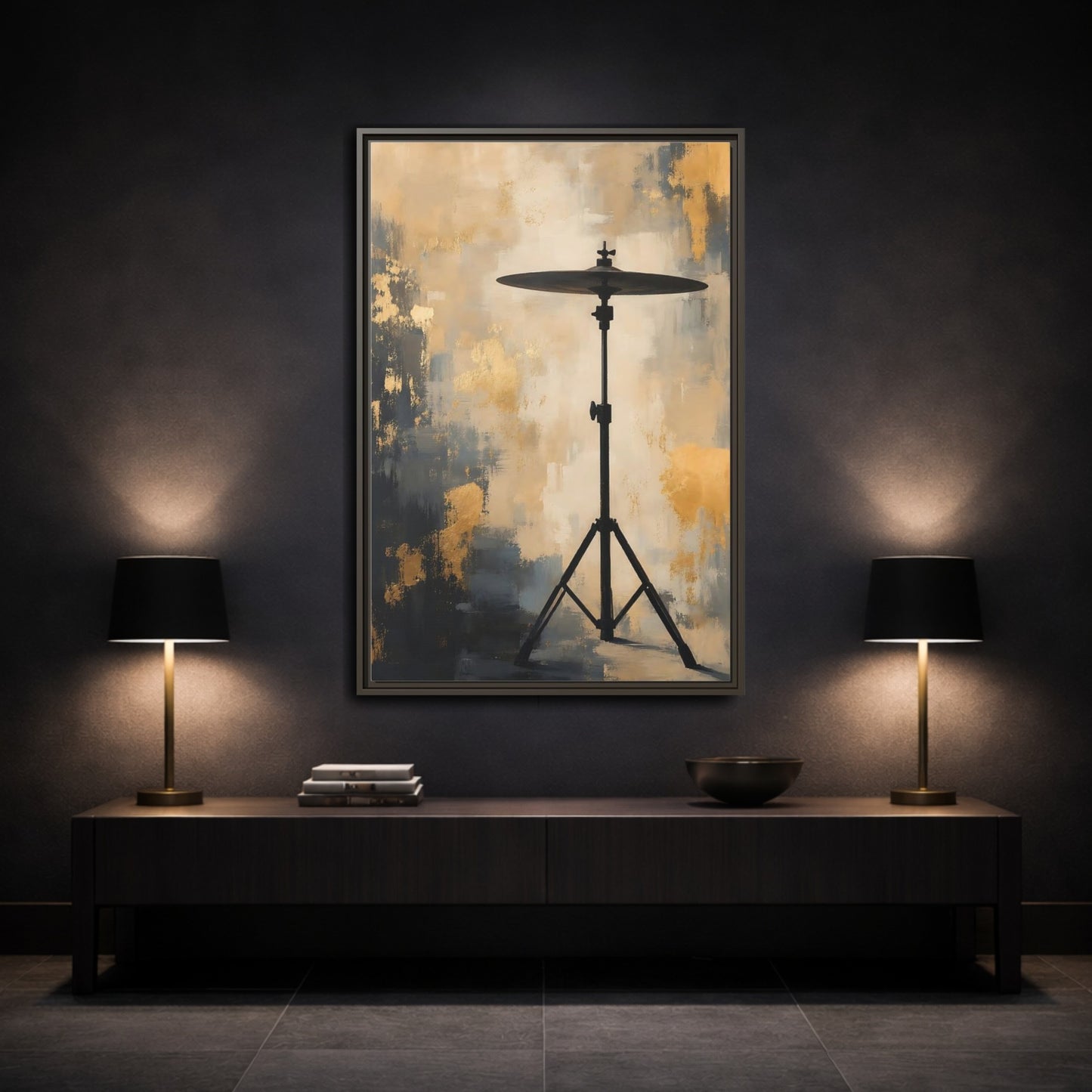 Mockup 3. Abstract Cymbal Gold And Black Abstract shown as framed canvas print