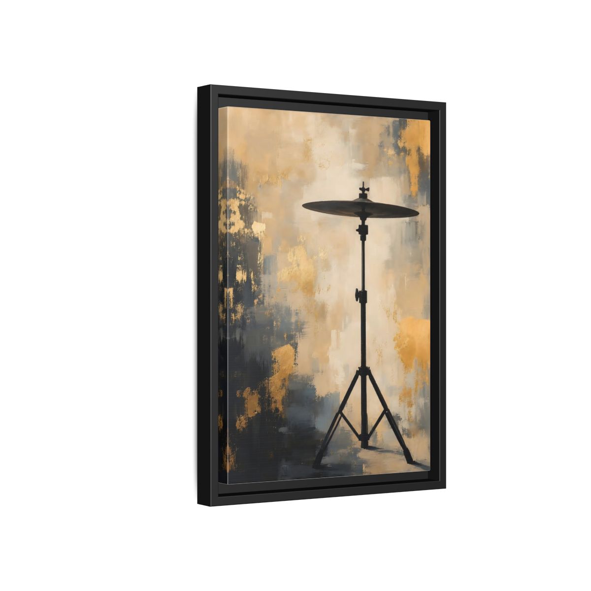Side Mockup 6. Abstract Cymbal Gold And Black Abstract shown as framed canvas print