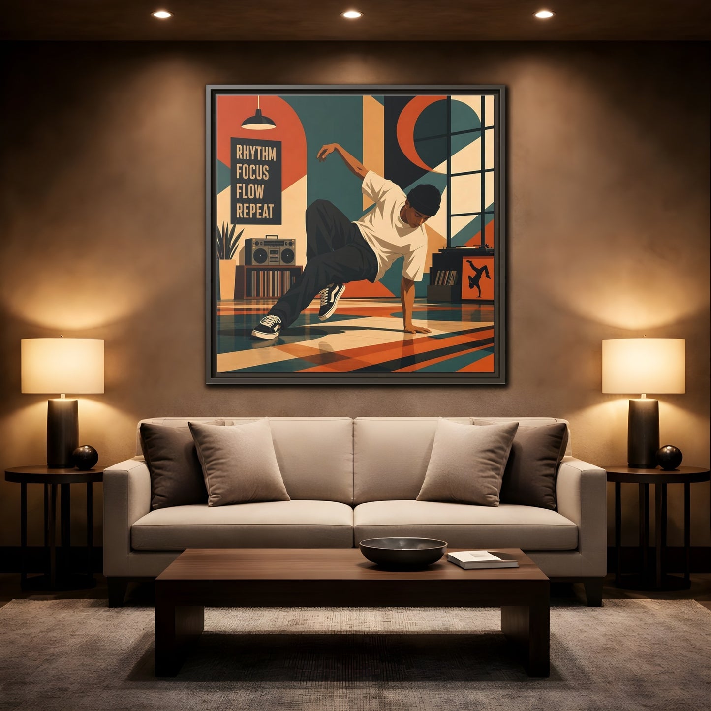 Mockup 2. Abstract Dancer Abstract Dance Art shown as framed canvas print