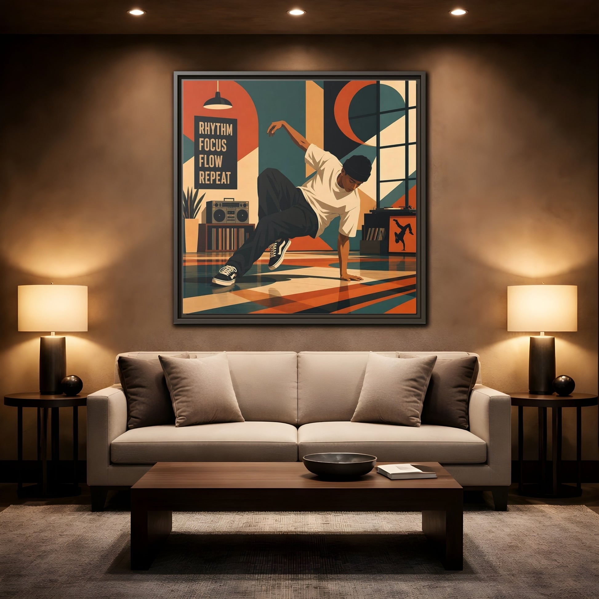Mockup 2. Abstract Dancer Abstract Dance Art shown as framed canvas print