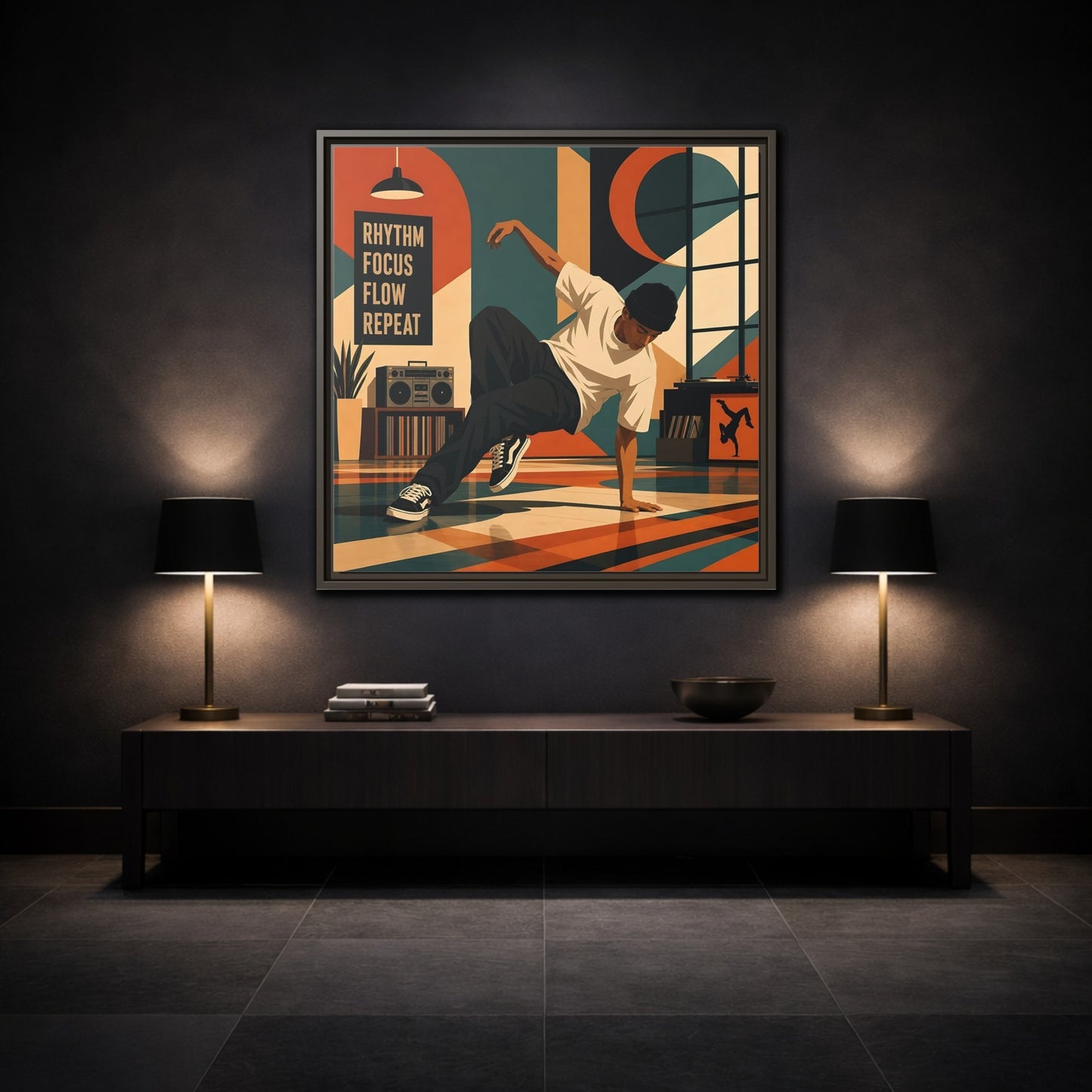 Mockup 3. Abstract Dancer Abstract Dance Art shown as framed canvas print