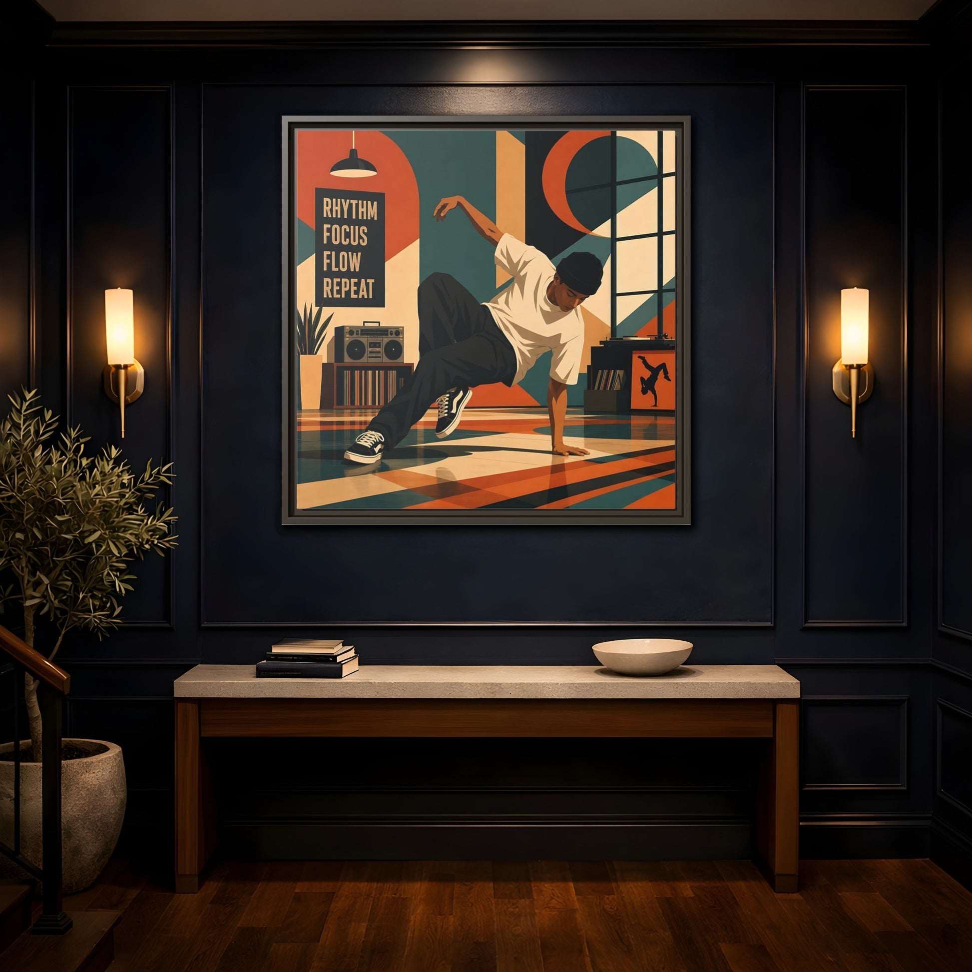 Mockup 4. Abstract Dancer Abstract Dance Art shown as framed canvas print