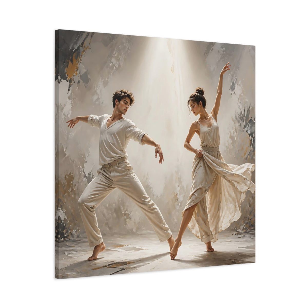 Main Mockup. Abstract Dancers Beige And Grey shown as canvas print