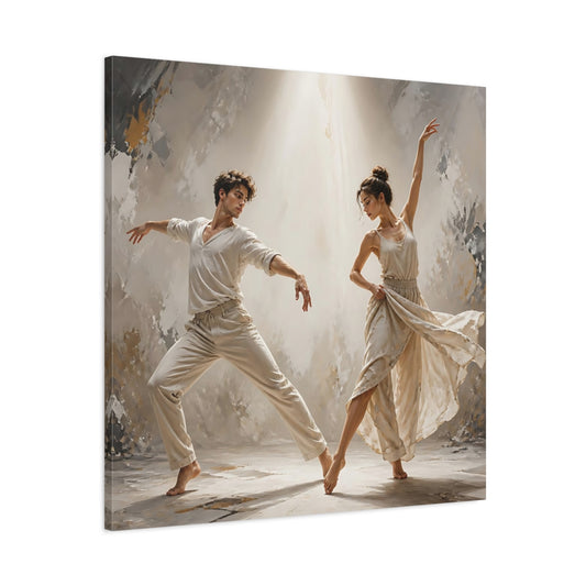 Main Mockup. Abstract Dancers Beige And Grey shown as canvas print