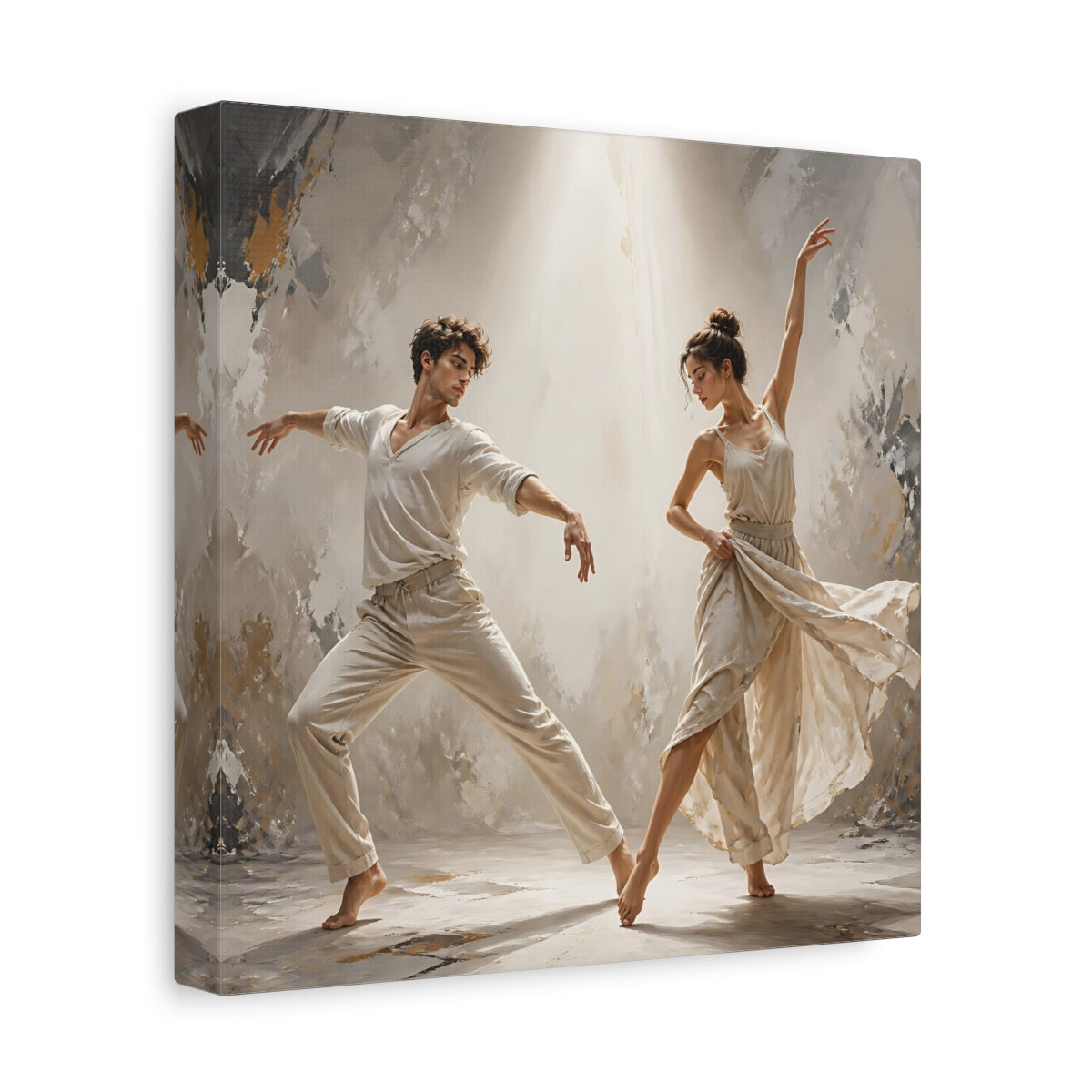 Side Mockup 9. Abstract Dancers Beige And Grey shown as canvas print