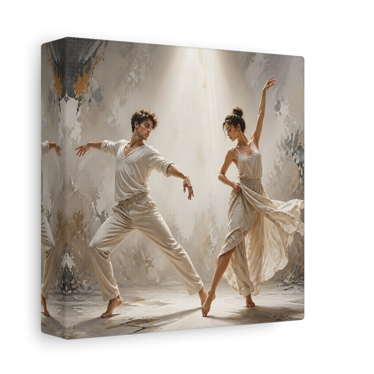 Side Mockup 2. Abstract Dancers Beige And Grey shown as canvas print