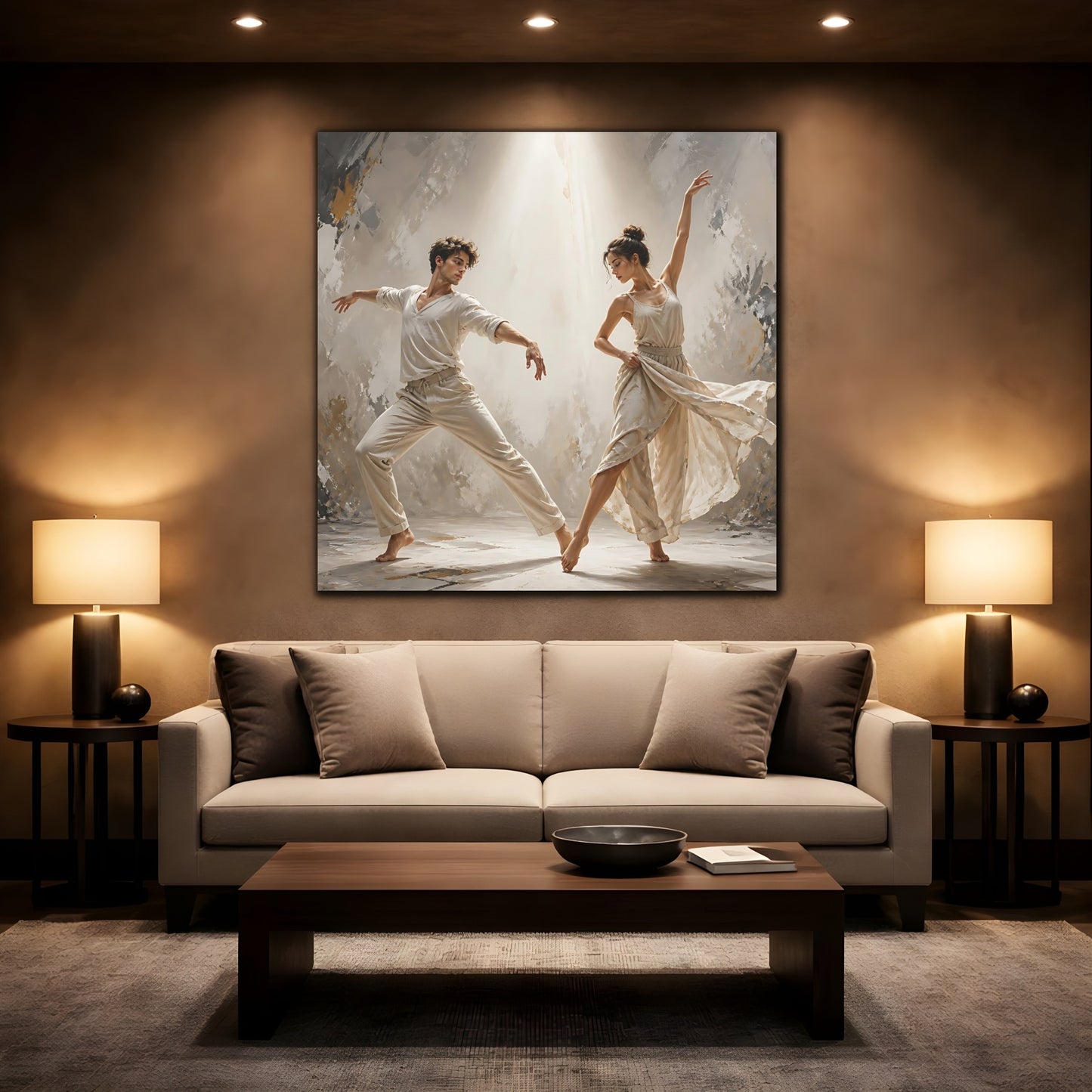 Mockup 2. Abstract Dancers Beige And Grey shown as canvas print