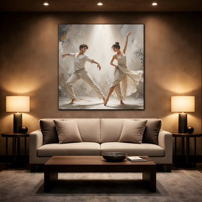 Mockup 2. Abstract Dancers Beige And Grey shown as canvas print