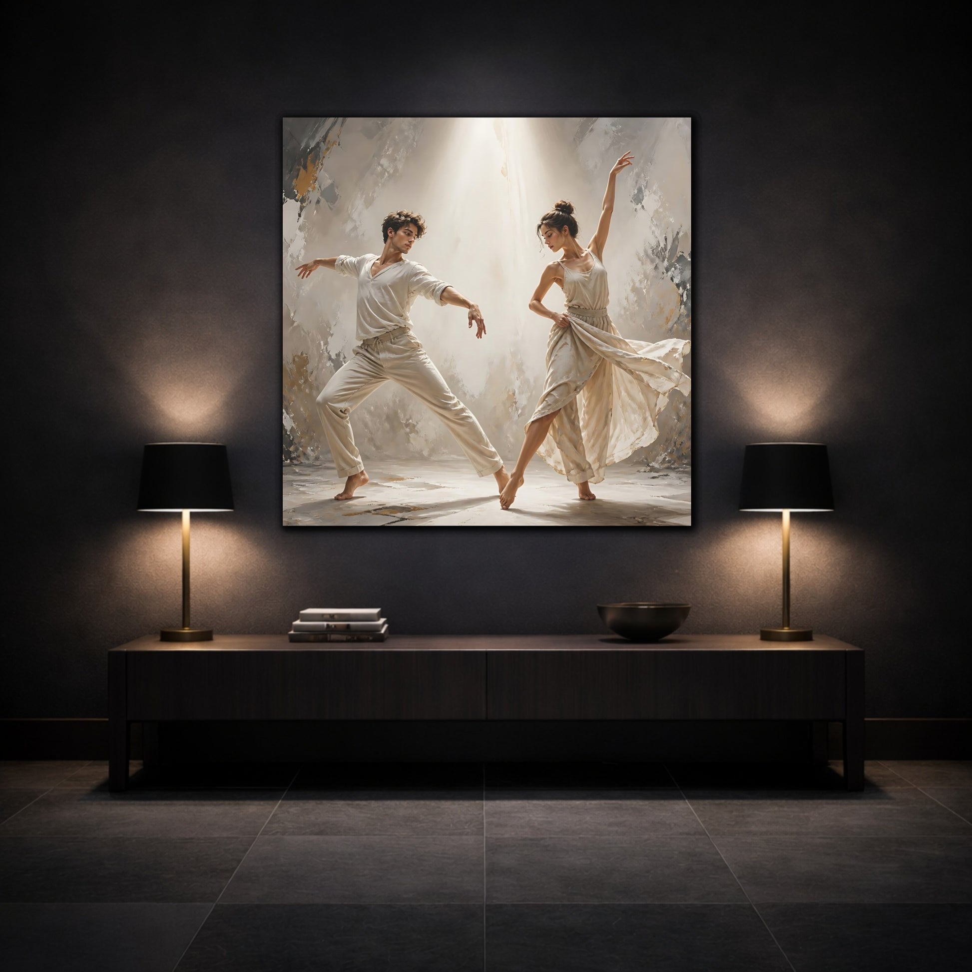 Mockup 3. Abstract Dancers Beige And Grey shown as canvas print