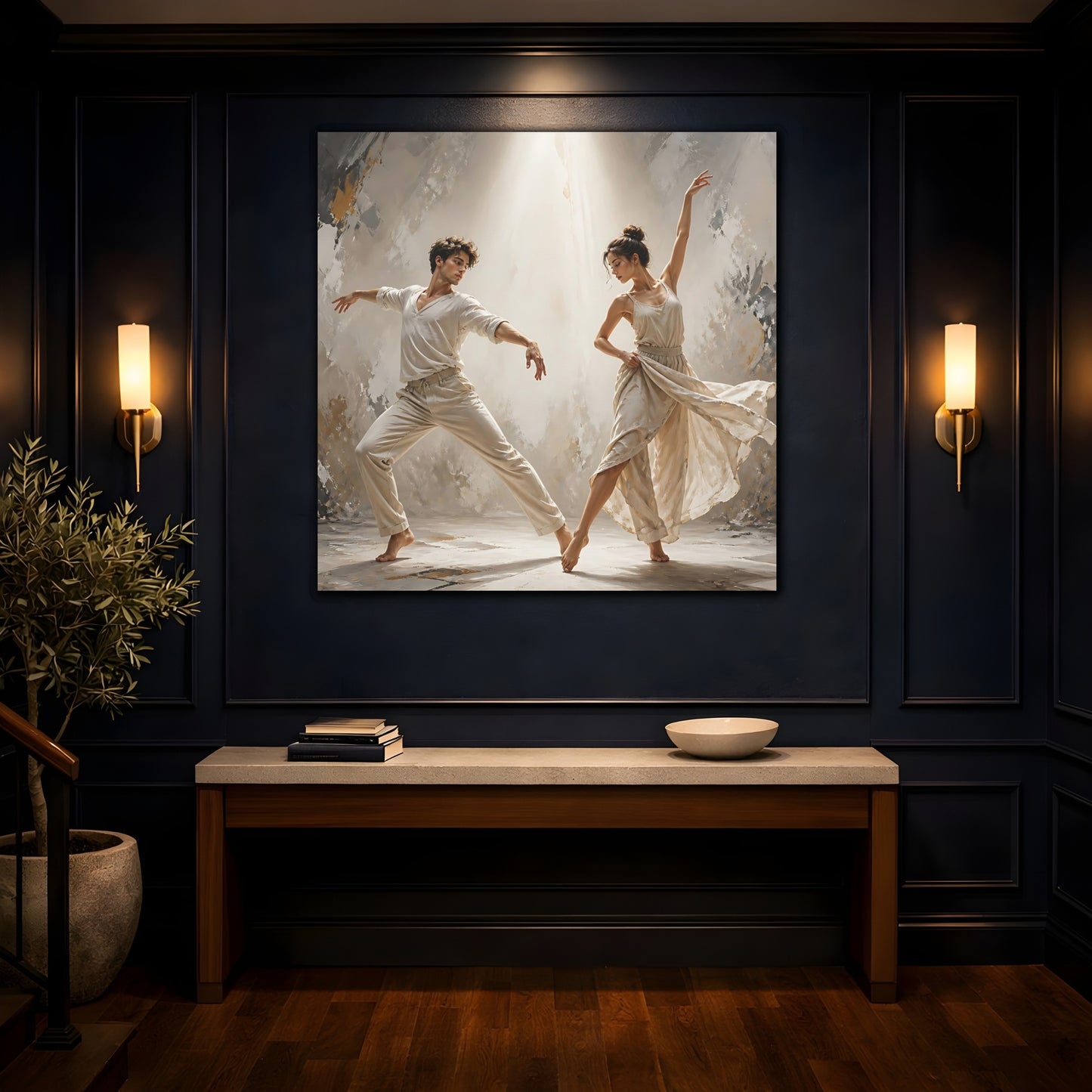 Mockup 4. Abstract Dancers Beige And Grey shown as canvas print