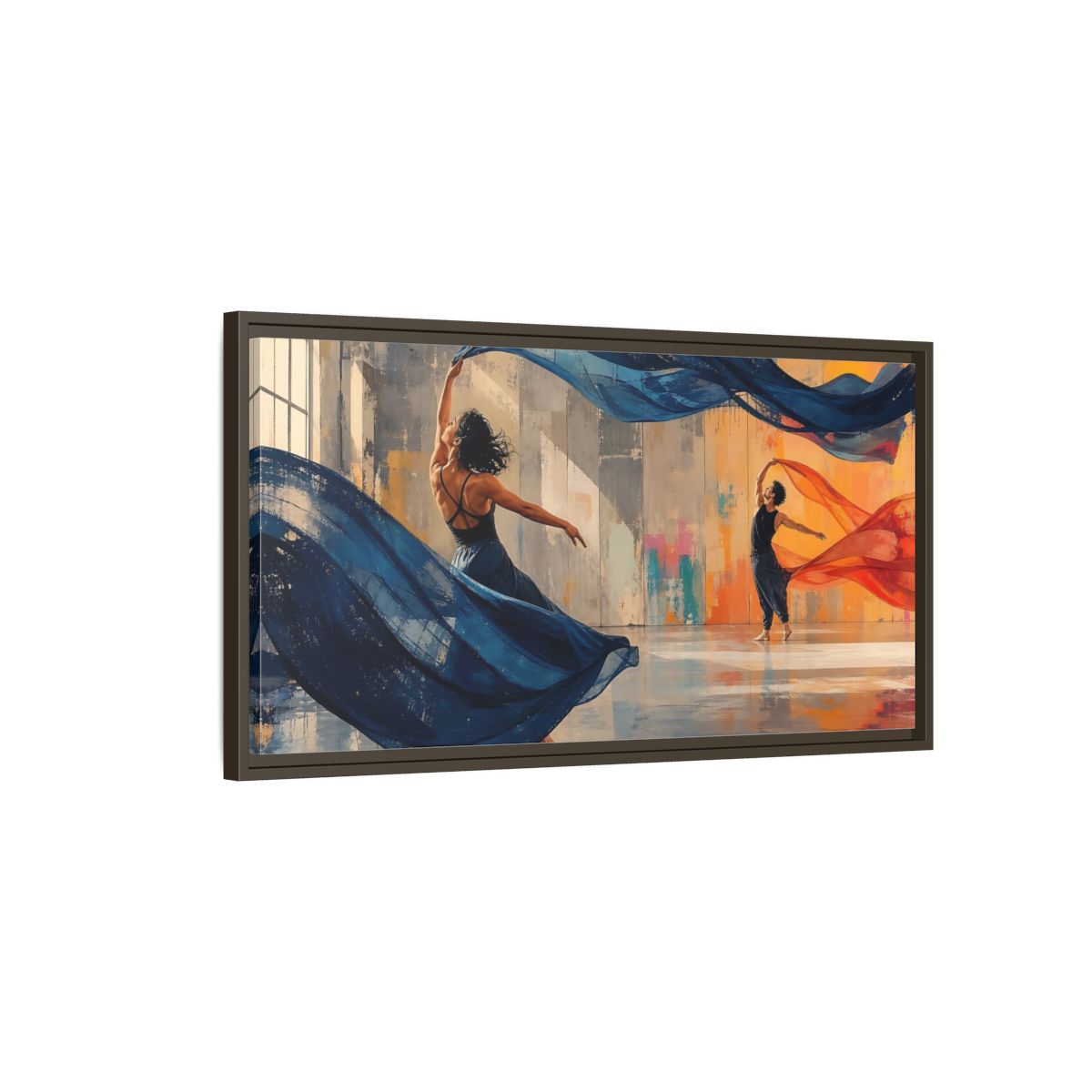 Main Mockup. Abstract Dancers Blue And Orange Dancers shown as framed canvas print