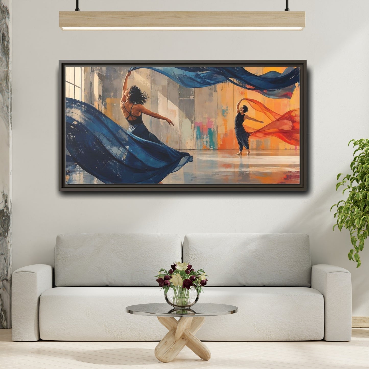 Mockup 2. Abstract Dancers Blue And Orange Dancers shown as framed canvas print