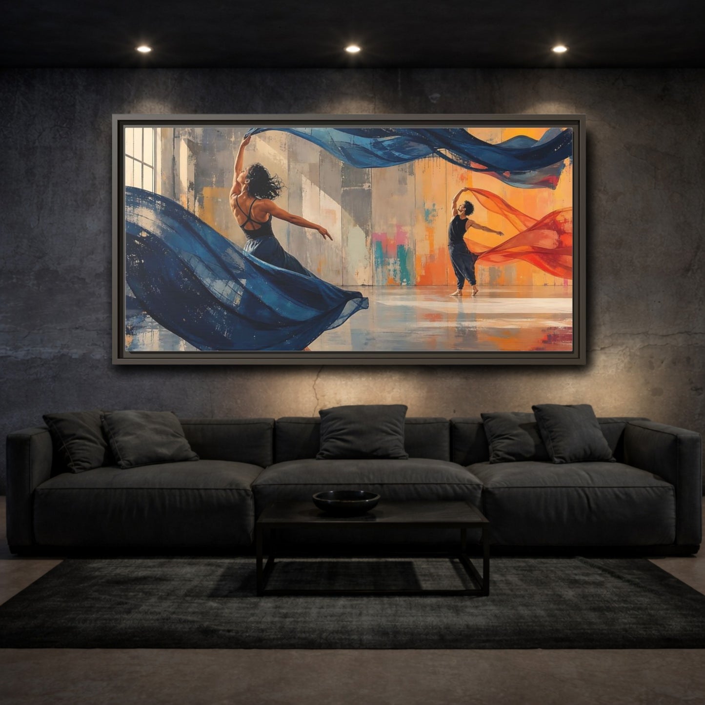 Mockup 3. Abstract Dancers Blue And Orange Dancers shown as framed canvas print