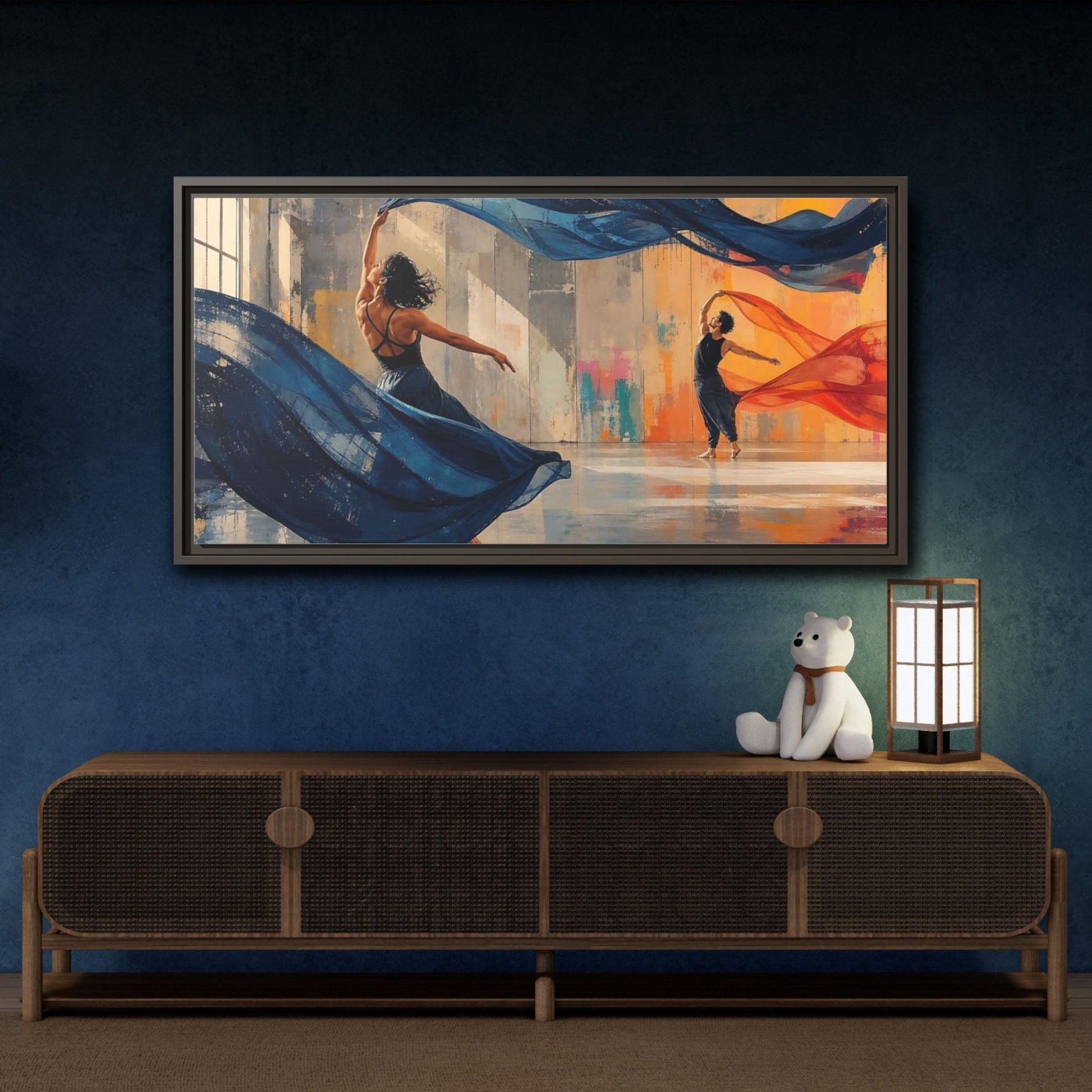 Mockup 4. Abstract Dancers Blue And Orange Dancers shown as framed canvas print