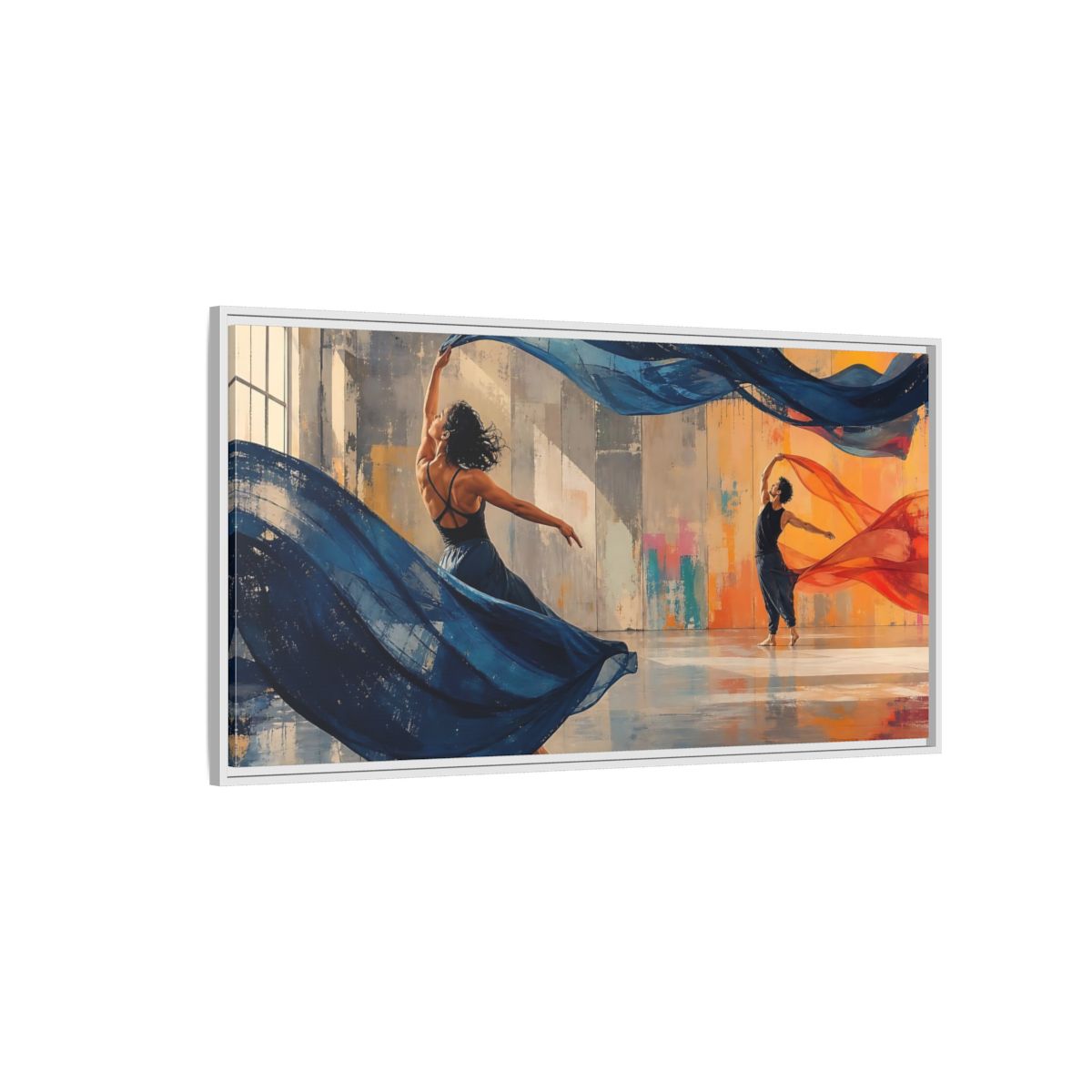 Side Mockup 3. Abstract Dancers Blue And Orange Dancers shown as framed canvas print