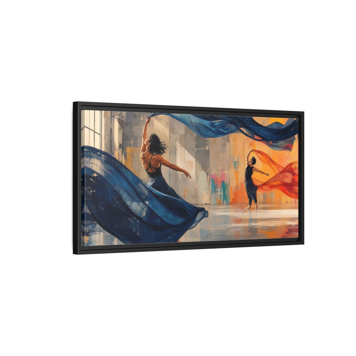 Side Mockup 2. Abstract Dancers Blue And Orange Dancers shown as framed canvas print