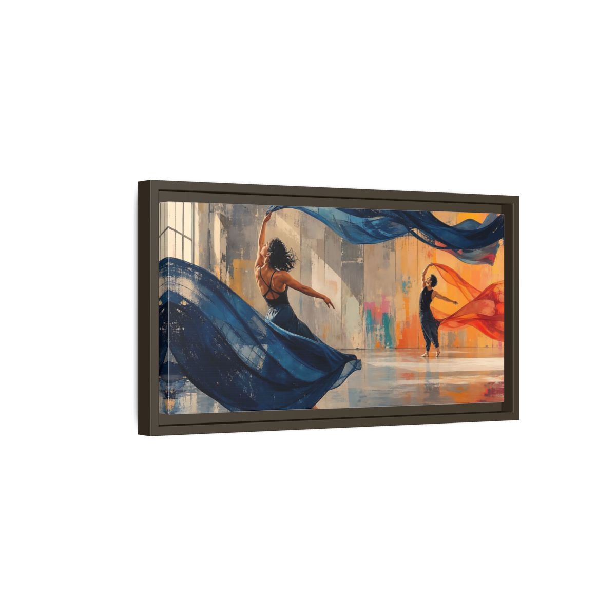Side Mockup 7. Abstract Dancers Blue And Orange Dancers shown as framed canvas print