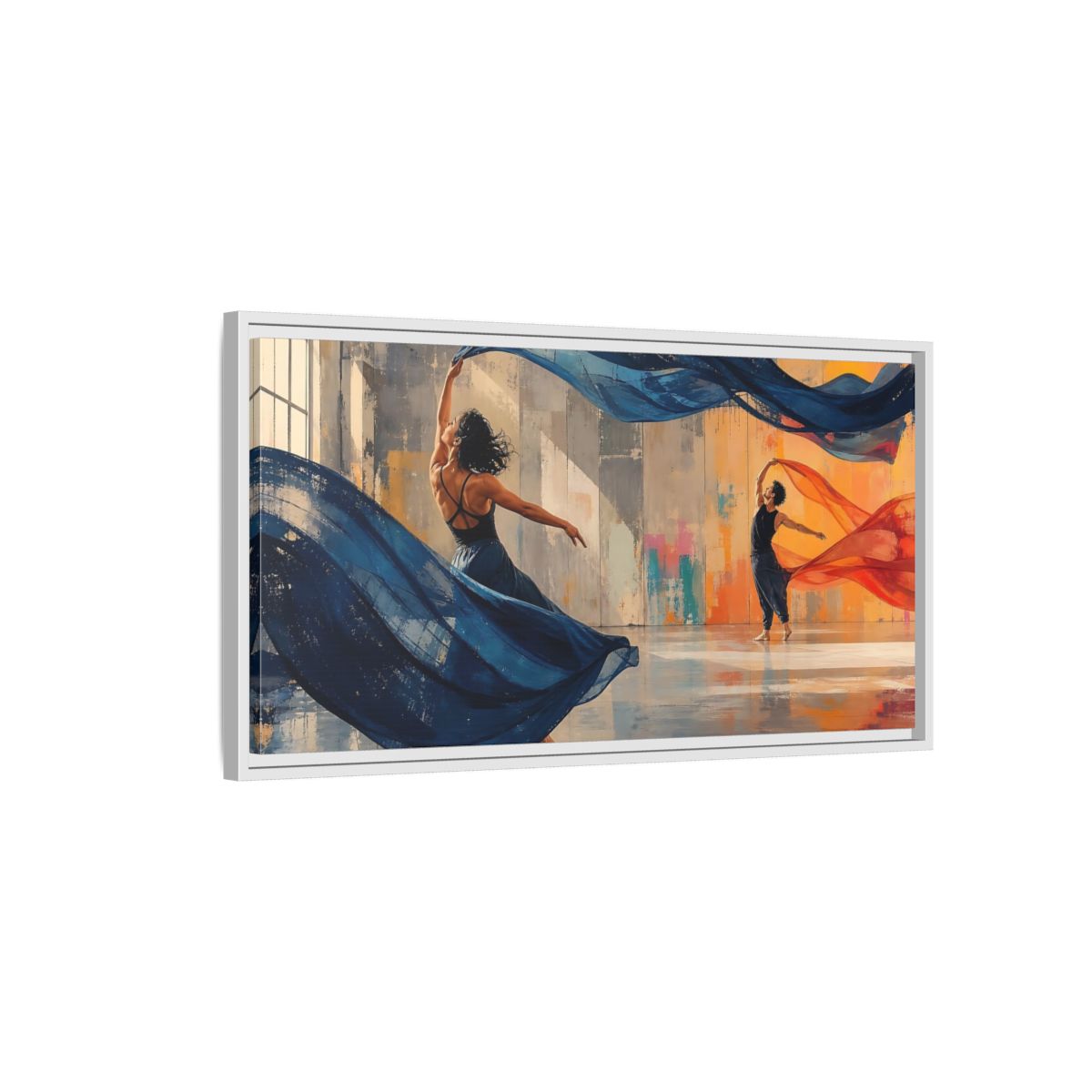 Side Mockup 1. Abstract Dancers Blue And Orange Dancers shown as framed canvas print