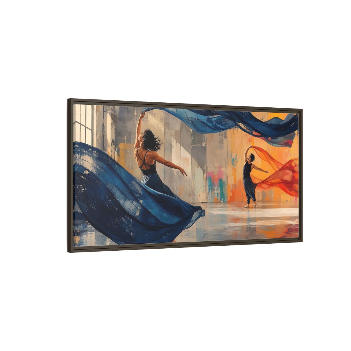 Side Mockup 4. Abstract Dancers Blue And Orange Dancers shown as framed canvas print