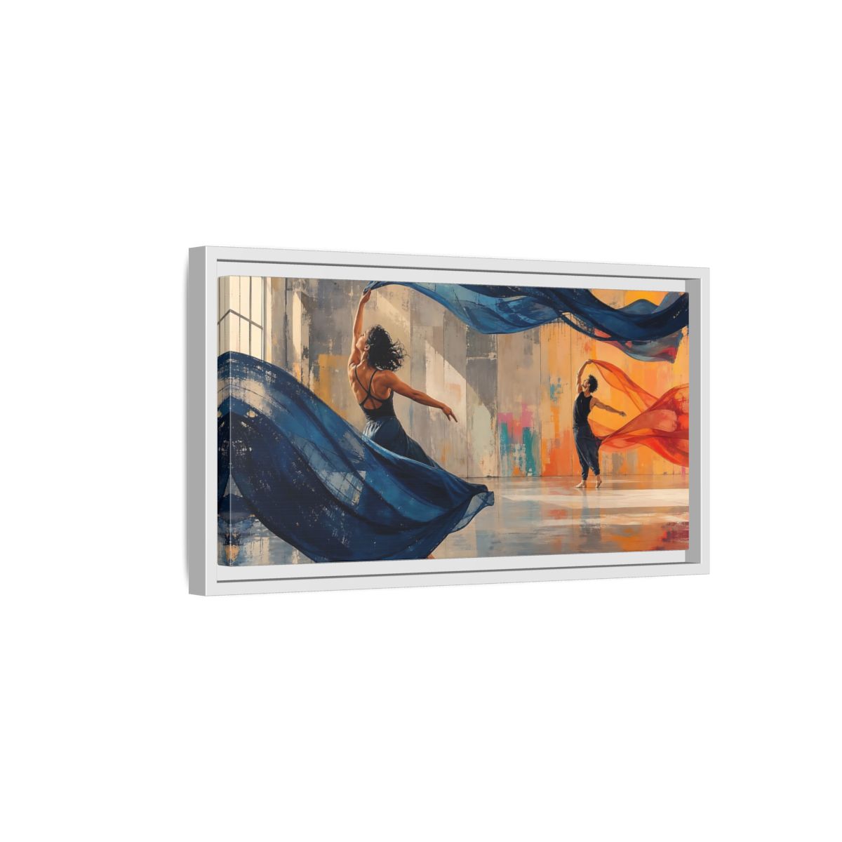 Side Mockup 6. Abstract Dancers Blue And Orange Dancers shown as framed canvas print