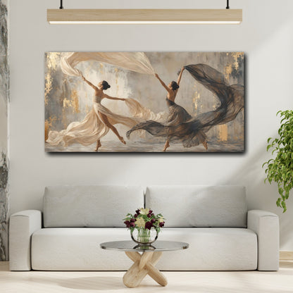 Mockup 2. Abstract Dancers Elegant Dancers Gold shown as canvas print