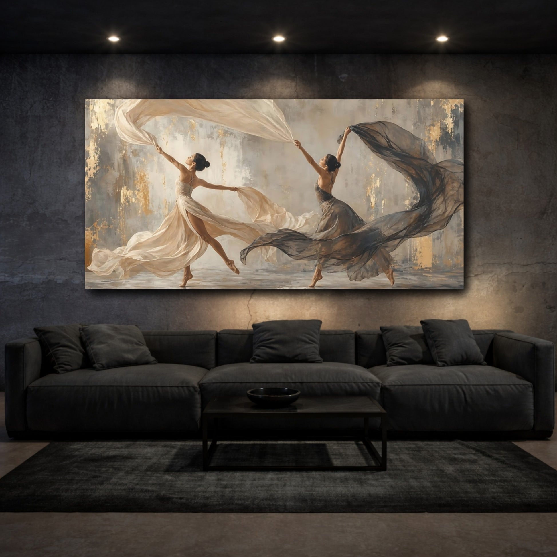 Mockup 3. Abstract Dancers Elegant Dancers Gold shown as canvas print