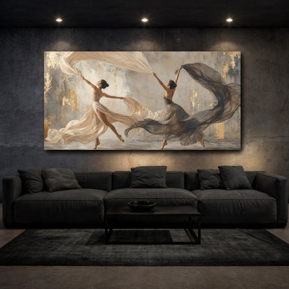 Mockup 3. Abstract Dancers Elegant Dancers Gold shown as canvas print