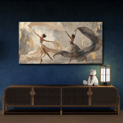 Mockup 4. Abstract Dancers Elegant Dancers Gold shown as canvas print