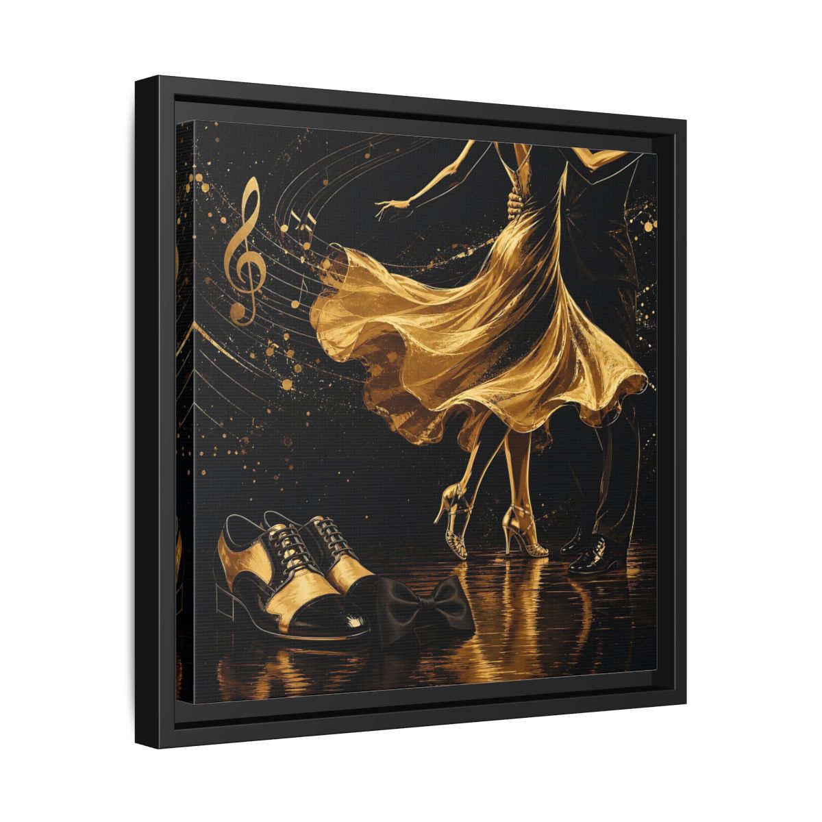 Side Mockup 32. Abstract Dancing Couple Black And Gold shown as framed canvas print